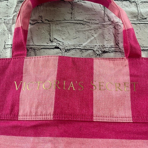 Victorias  Secret Vintage Striped Tote Beach Bag Pink Spell Out Logo - Picture 2 of 6